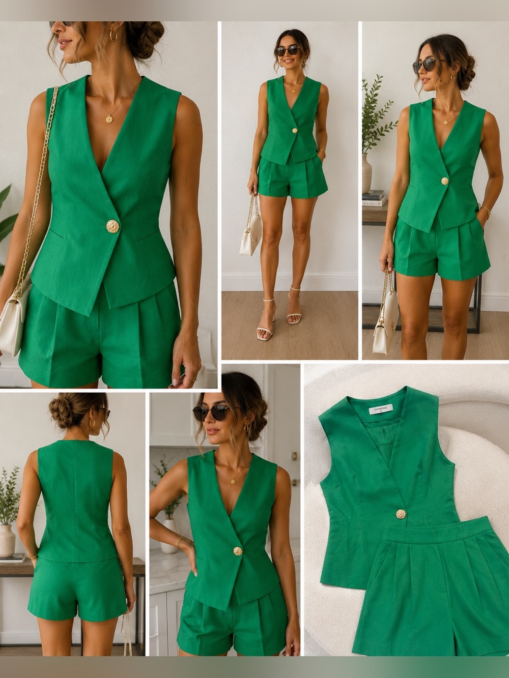 COMMENSE Green Linen Blend Blazer Vest & Tailored Shorts Set Size Small